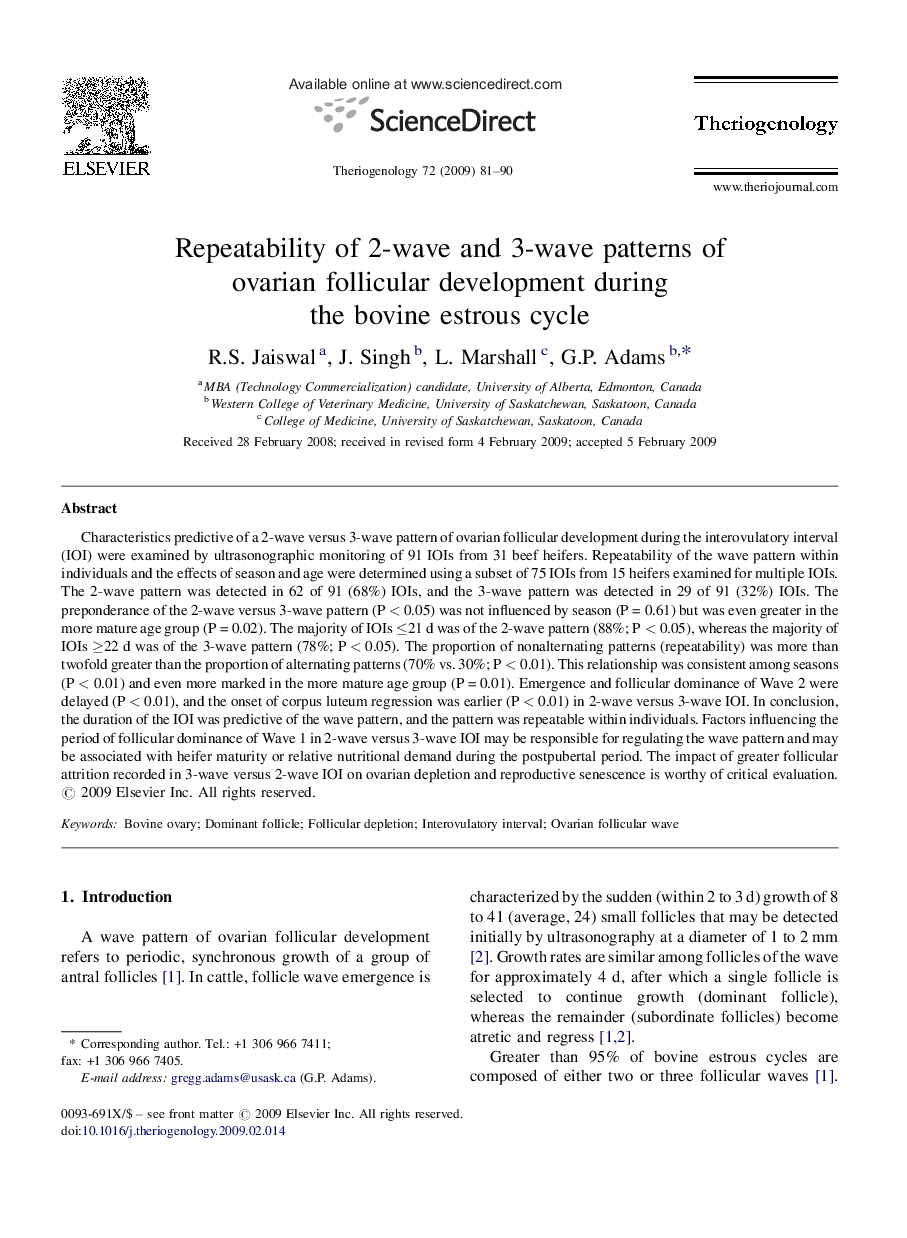 Repeatability of 2-wave and 3-wave patterns of ovarian follicular development during the bovine estrous cycle