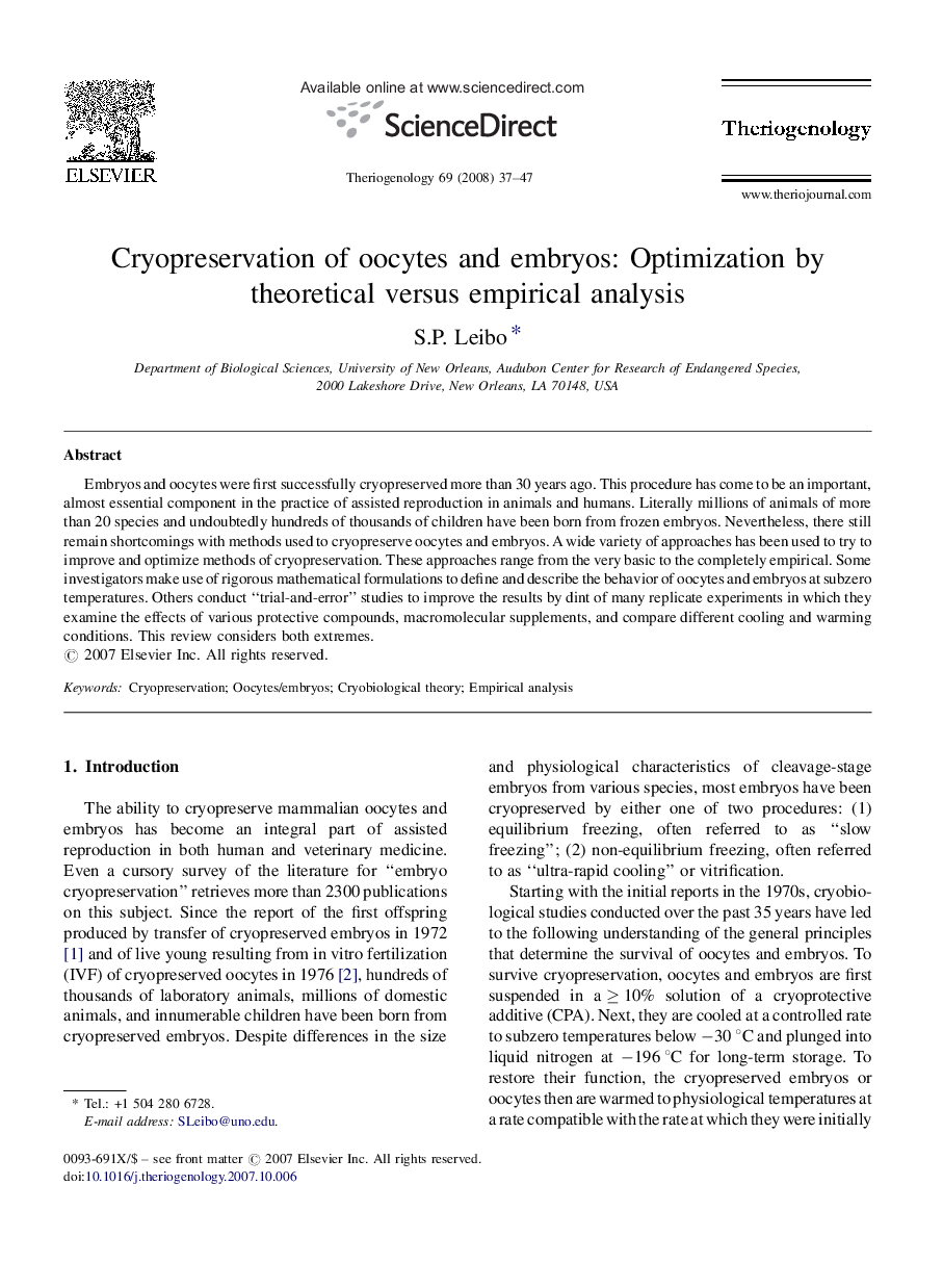 Cryopreservation of oocytes and embryos: Optimization by theoretical versus empirical analysis