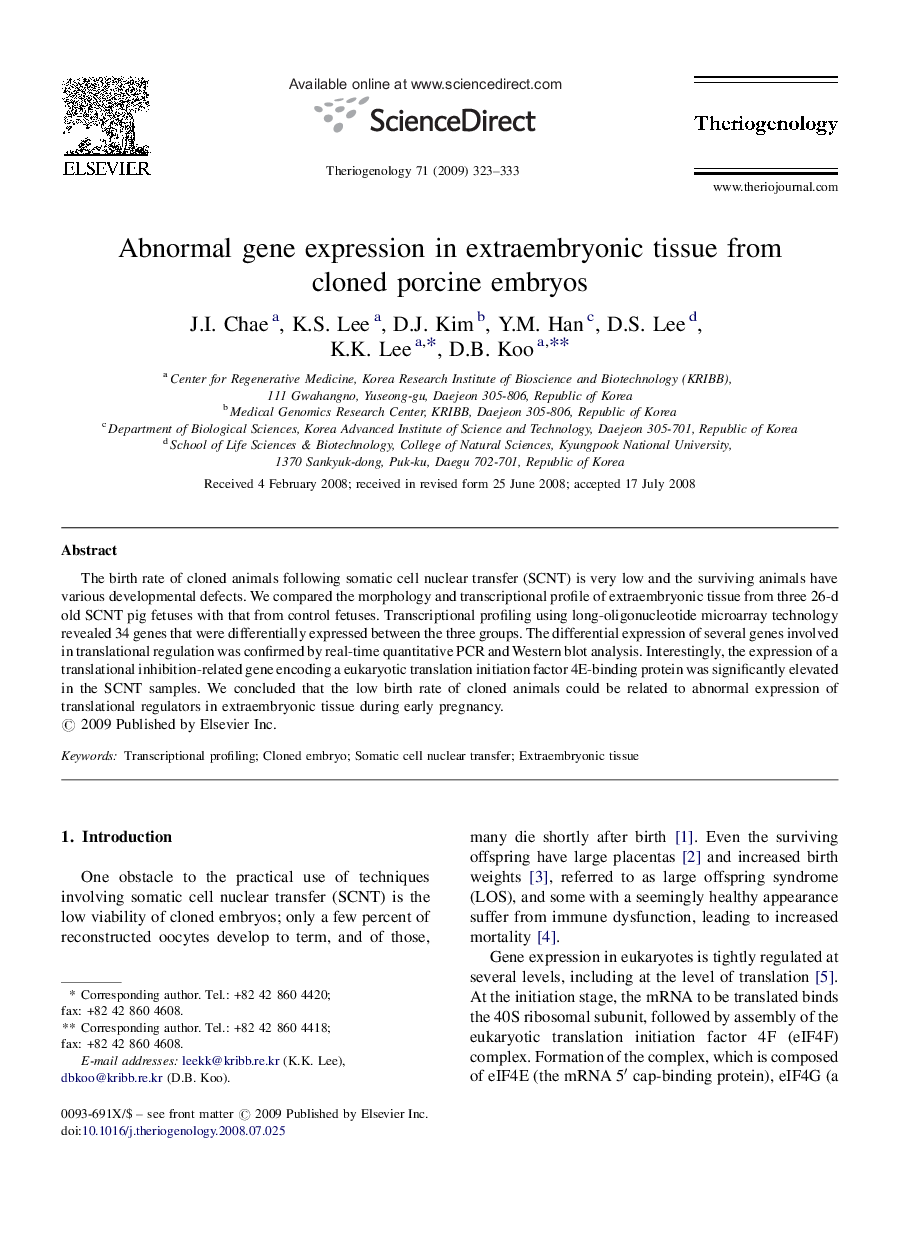 Abnormal gene expression in extraembryonic tissue from cloned porcine embryos