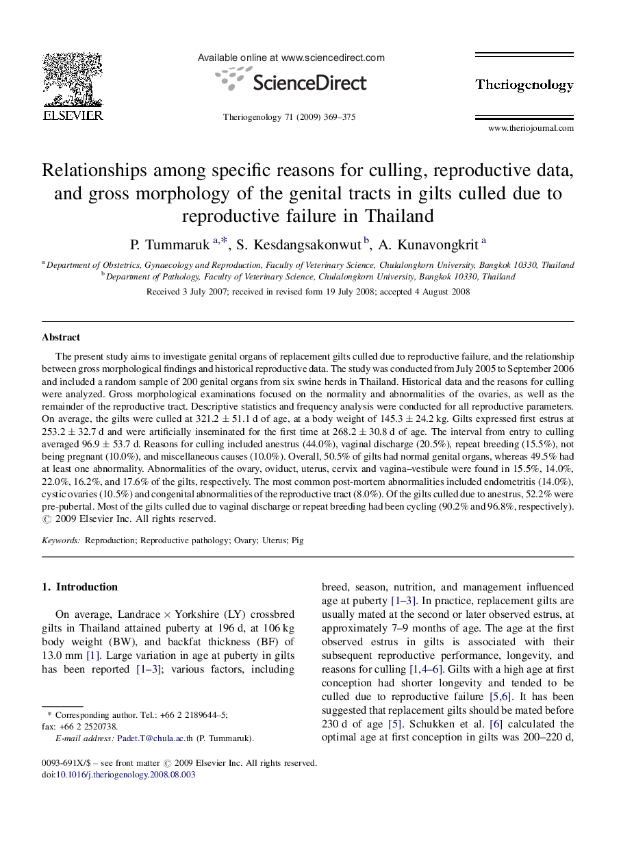 Relationships among specific reasons for culling, reproductive data, and gross morphology of the genital tracts in gilts culled due to reproductive failure in Thailand