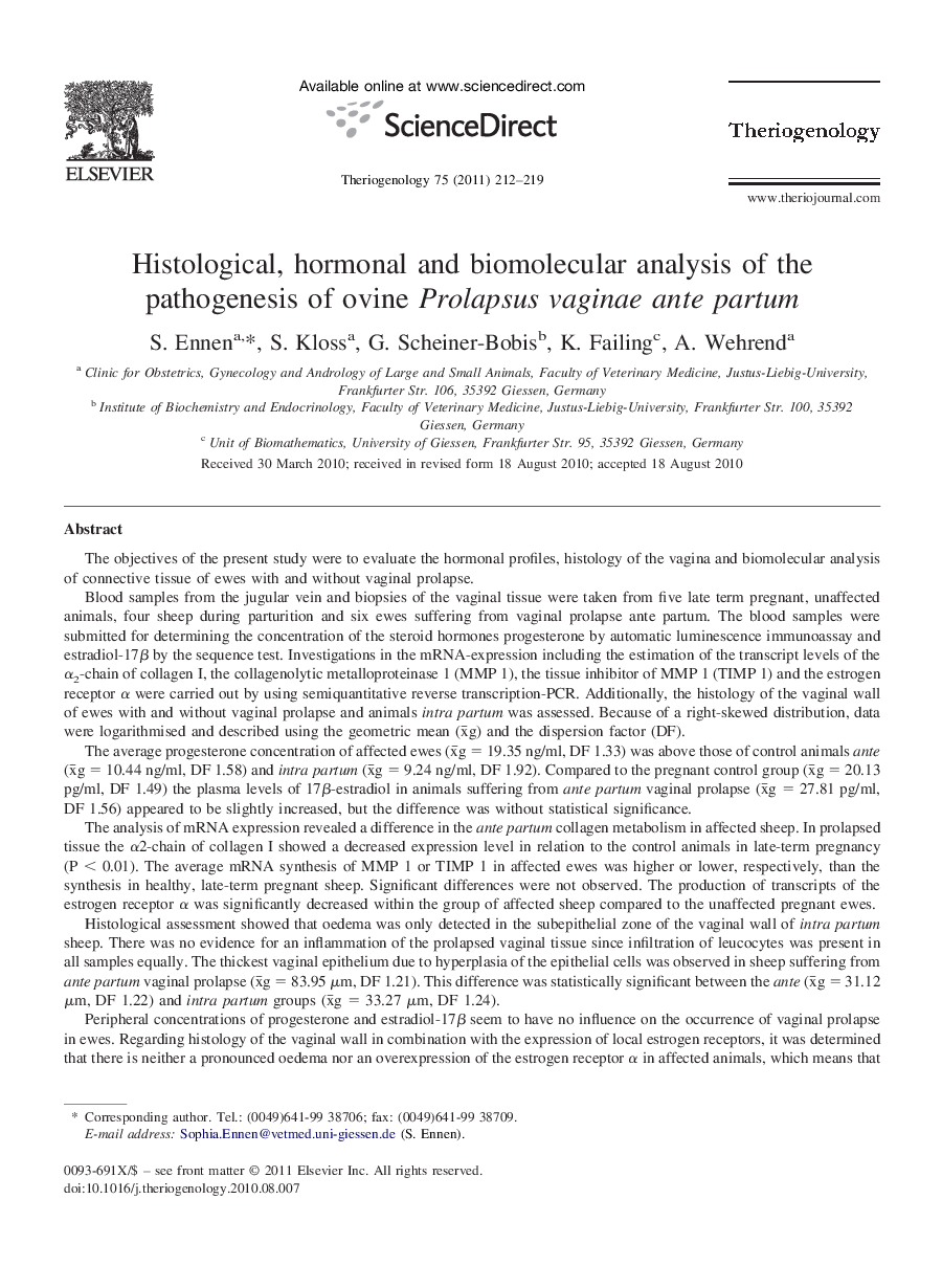 Histological, hormonal and biomolecular analysis of the pathogenesis of ovine Prolapsus vaginae ante partum