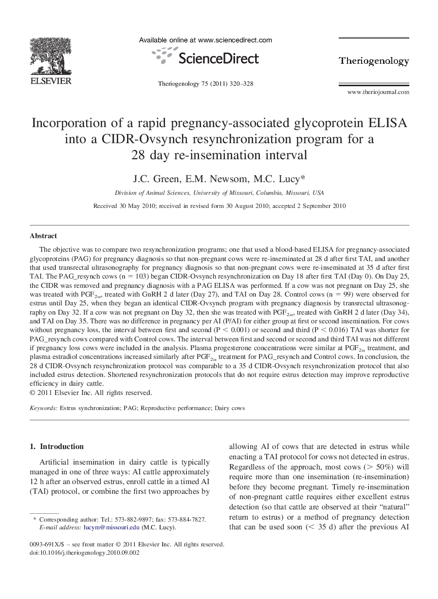 Incorporation of a rapid pregnancy-associated glycoprotein ELISA into a CIDR-Ovsynch resynchronization program for a 28 day re-insemination interval