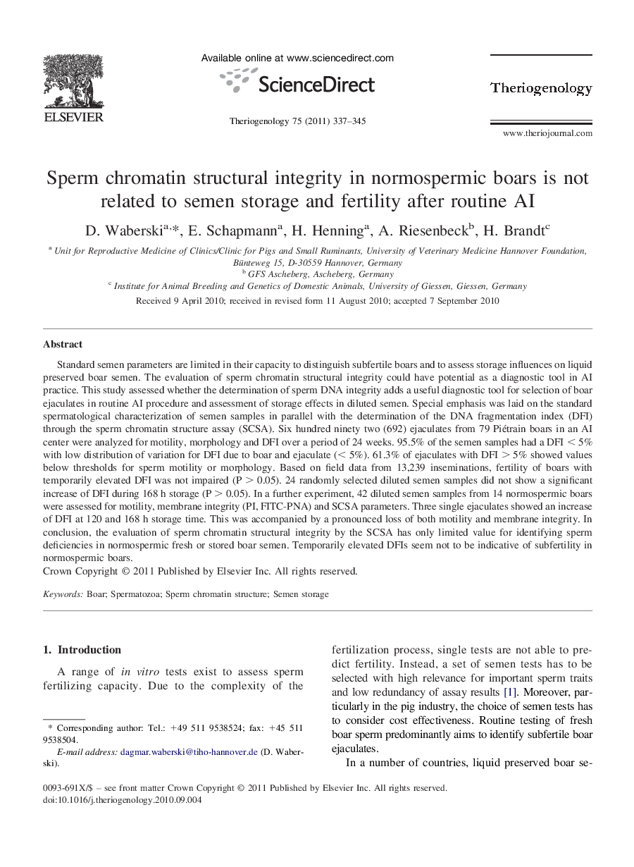 Sperm chromatin structural integrity in normospermic boars is not related to semen storage and fertility after routine AI