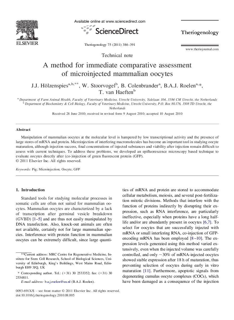 A method for immediate comparative assessment of microinjected mammalian oocytes