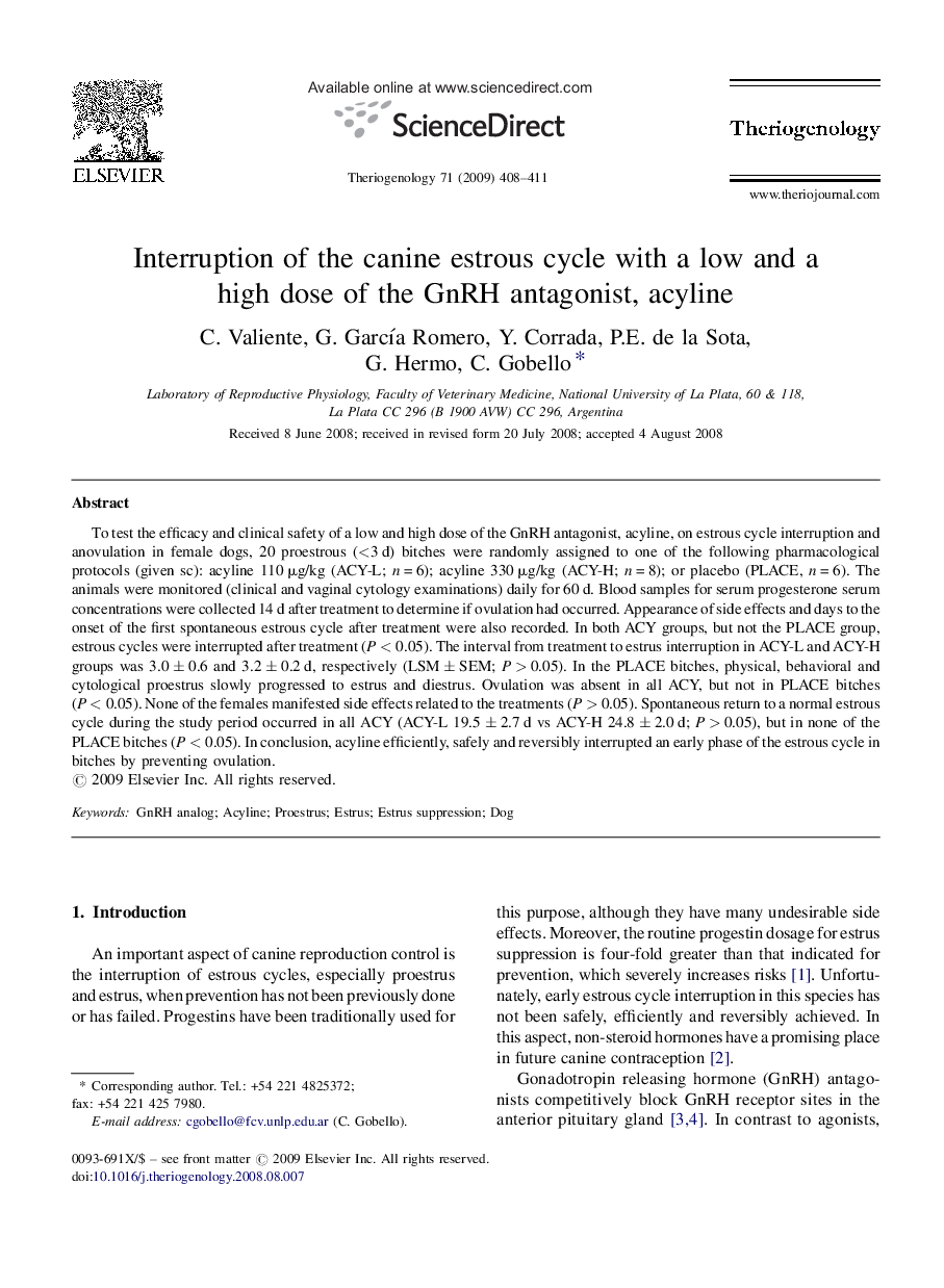 Interruption of the canine estrous cycle with a low and a high dose of the GnRH antagonist, acyline