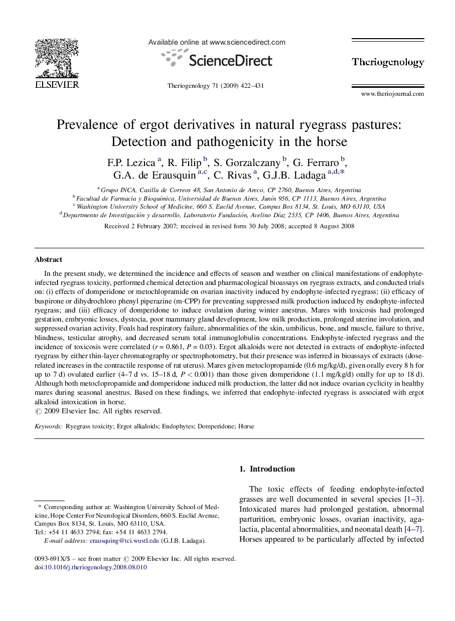 Prevalence of ergot derivatives in natural ryegrass pastures: Detection and pathogenicity in the horse