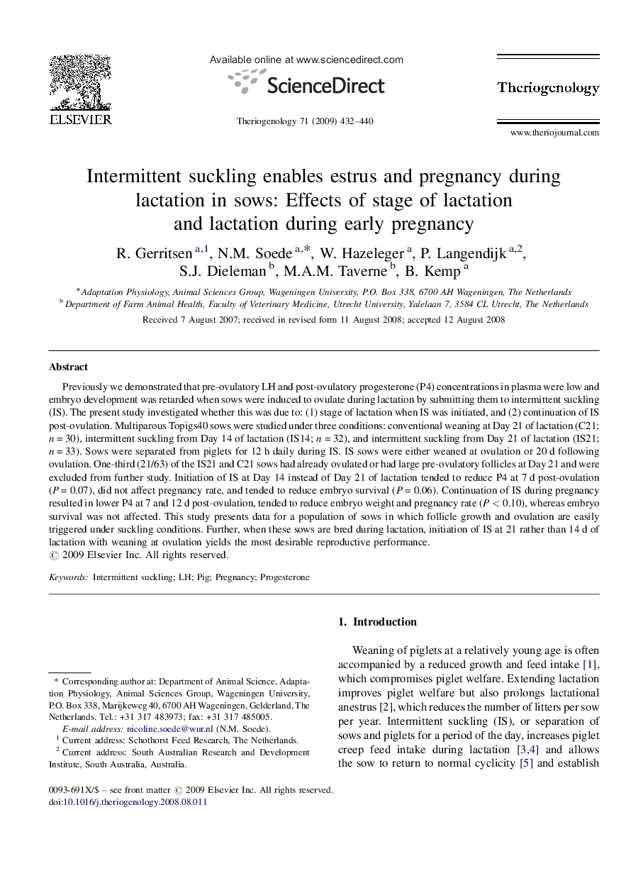 Intermittent suckling enables estrus and pregnancy during lactation in sows: Effects of stage of lactation and lactation during early pregnancy