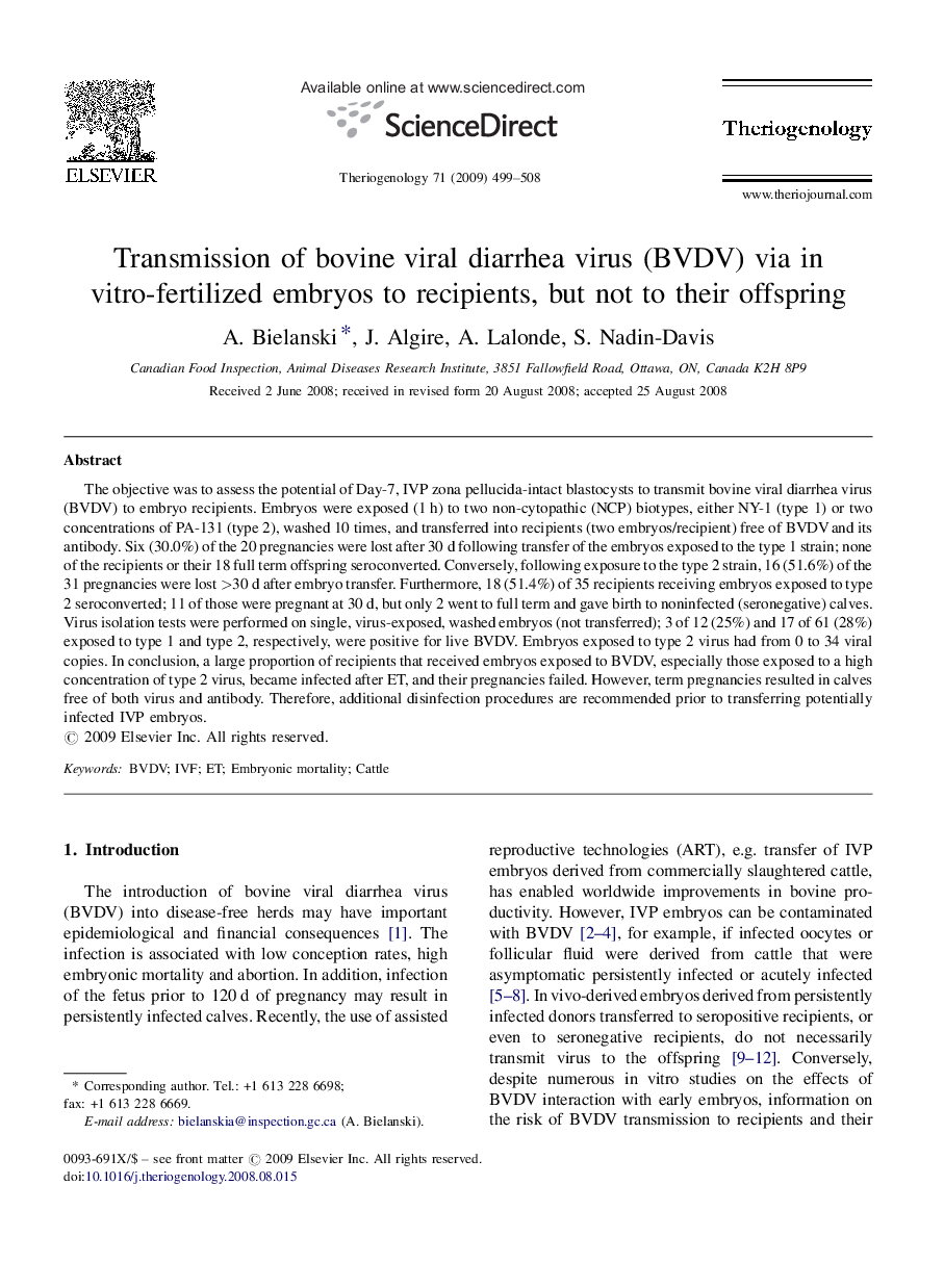 Transmission of bovine viral diarrhea virus (BVDV) via in vitro-fertilized embryos to recipients, but not to their offspring