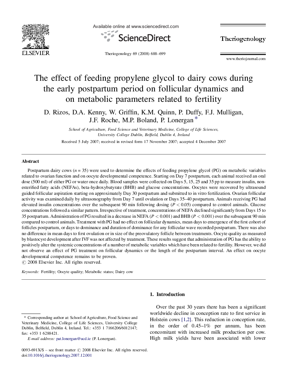 The effect of feeding propylene glycol to dairy cows during the early postpartum period on follicular dynamics and on metabolic parameters related to fertility