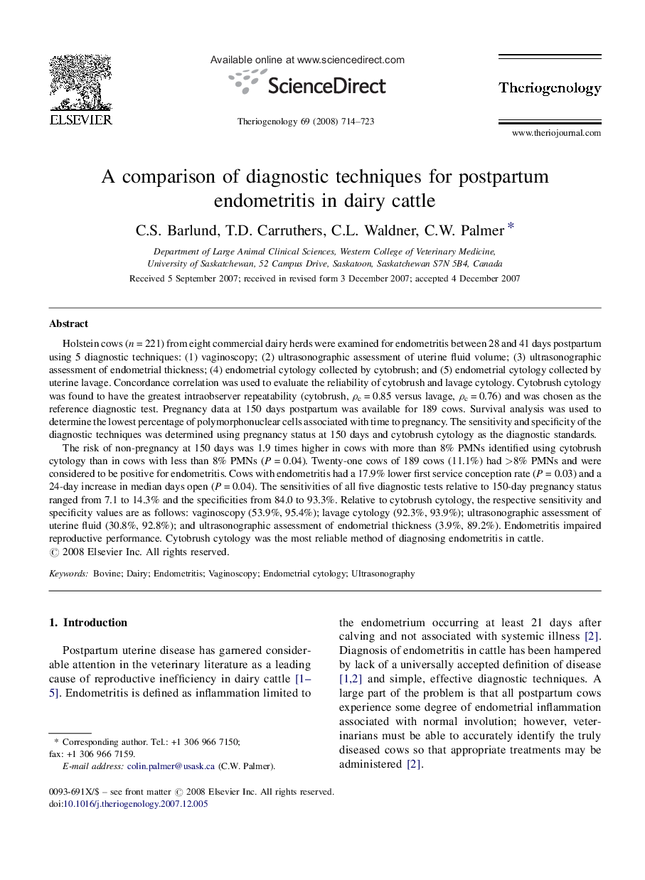 A comparison of diagnostic techniques for postpartum endometritis in dairy cattle