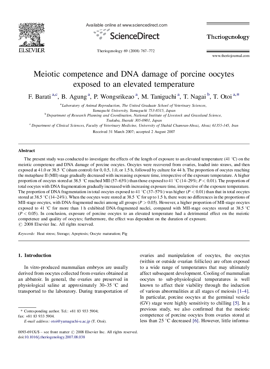 Meiotic competence and DNA damage of porcine oocytes exposed to an elevated temperature