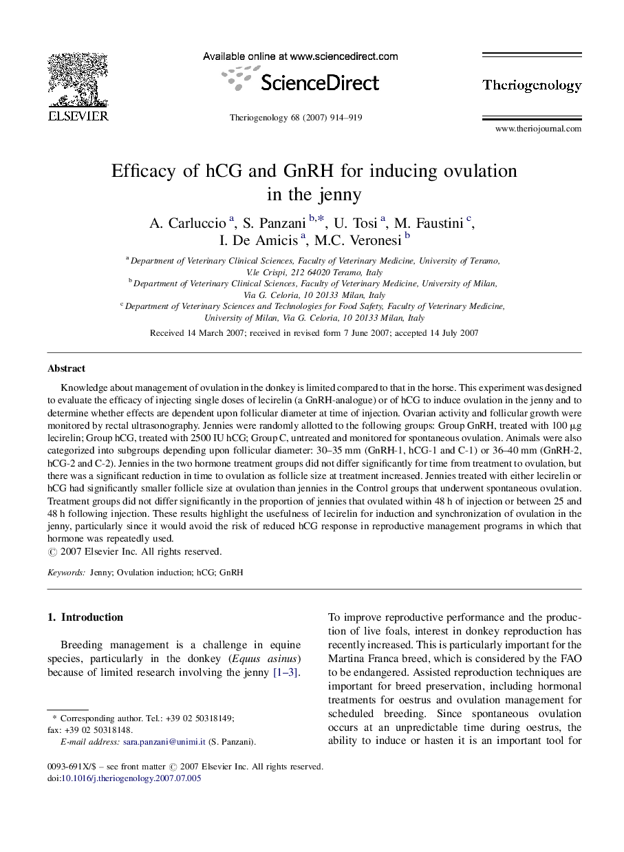 Efficacy of hCG and GnRH for inducing ovulation in the jenny