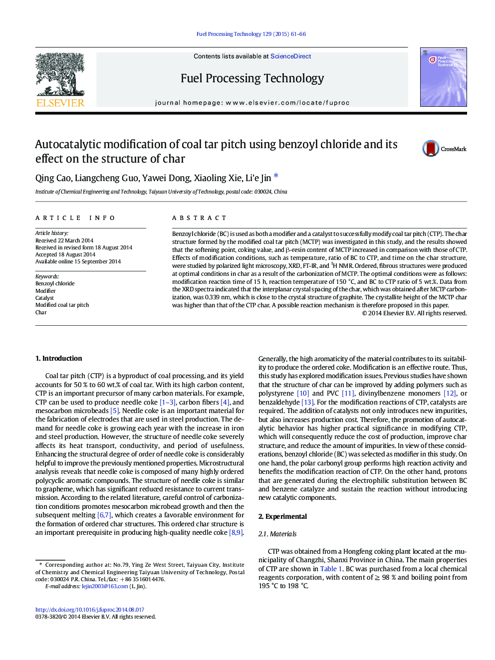 Autocatalytic modification of coal tar pitch using benzoyl chloride and its effect on the structure of char