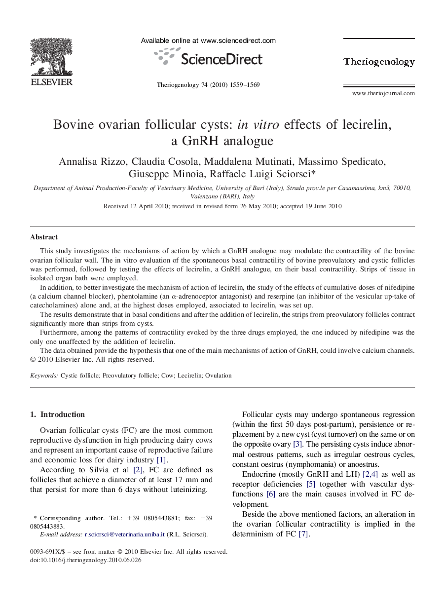 Bovine ovarian follicular cysts: in vitro effects of lecirelin, a GnRH analogue