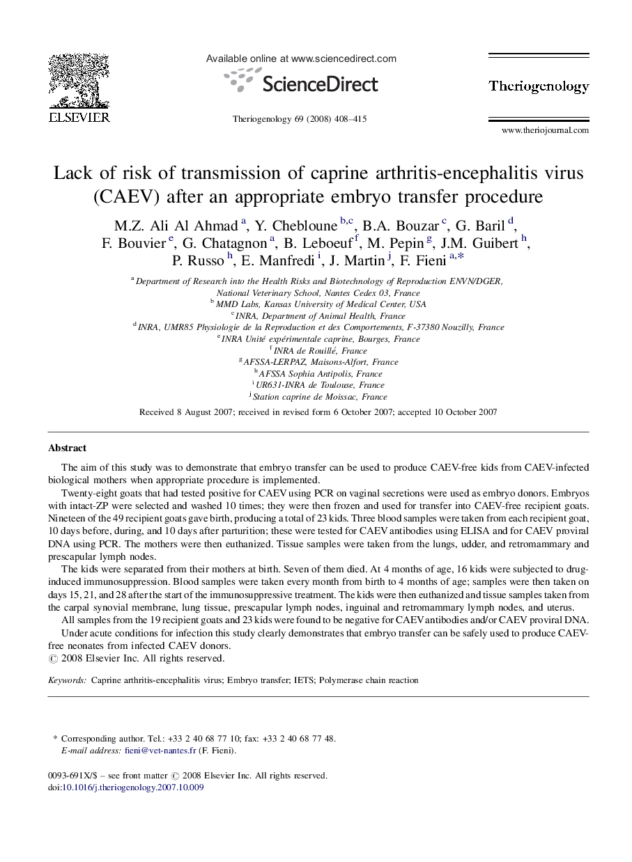 Lack of risk of transmission of caprine arthritis-encephalitis virus (CAEV) after an appropriate embryo transfer procedure