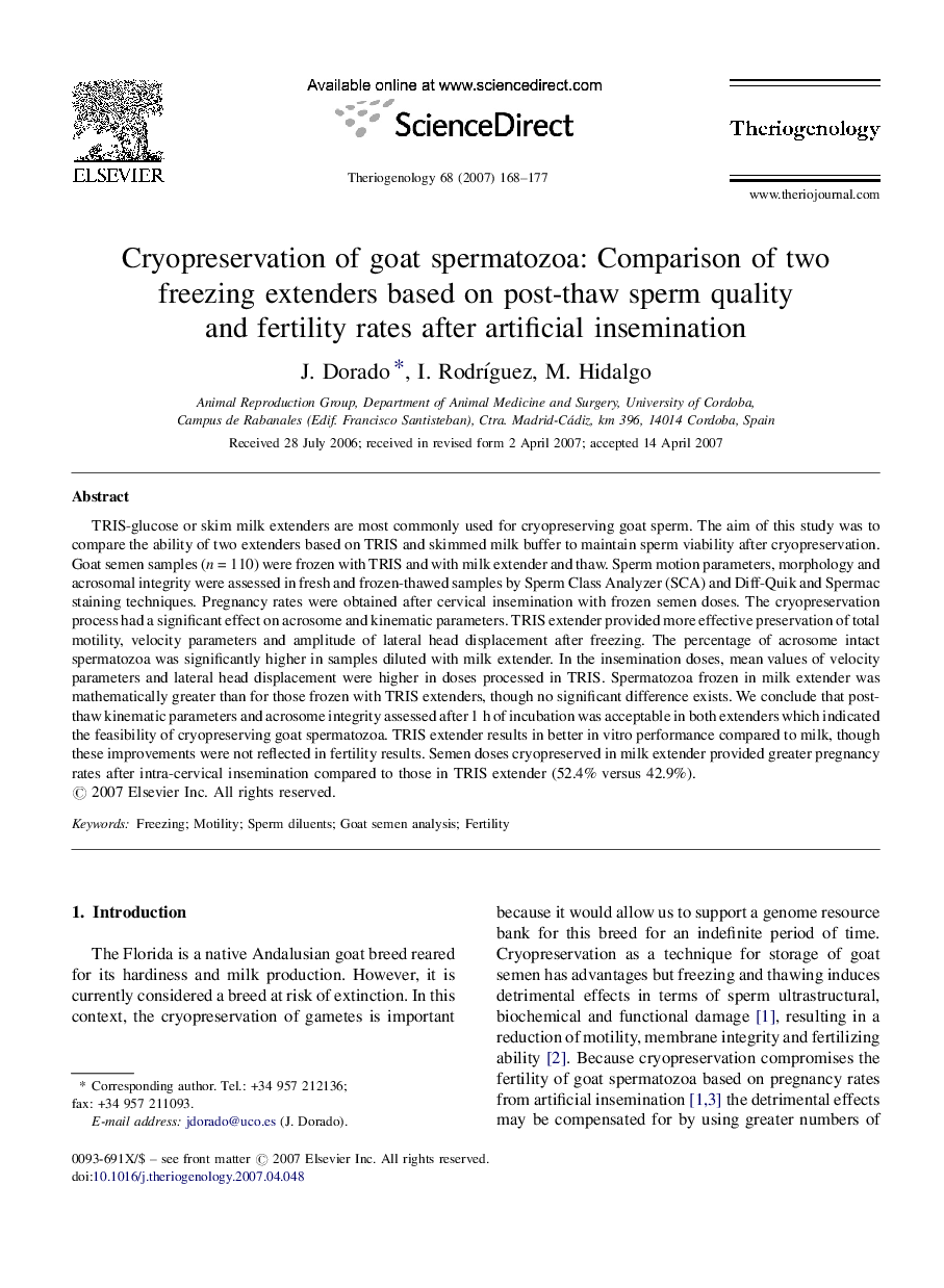 Cryopreservation of goat spermatozoa: Comparison of two freezing extenders based on post-thaw sperm quality and fertility rates after artificial insemination