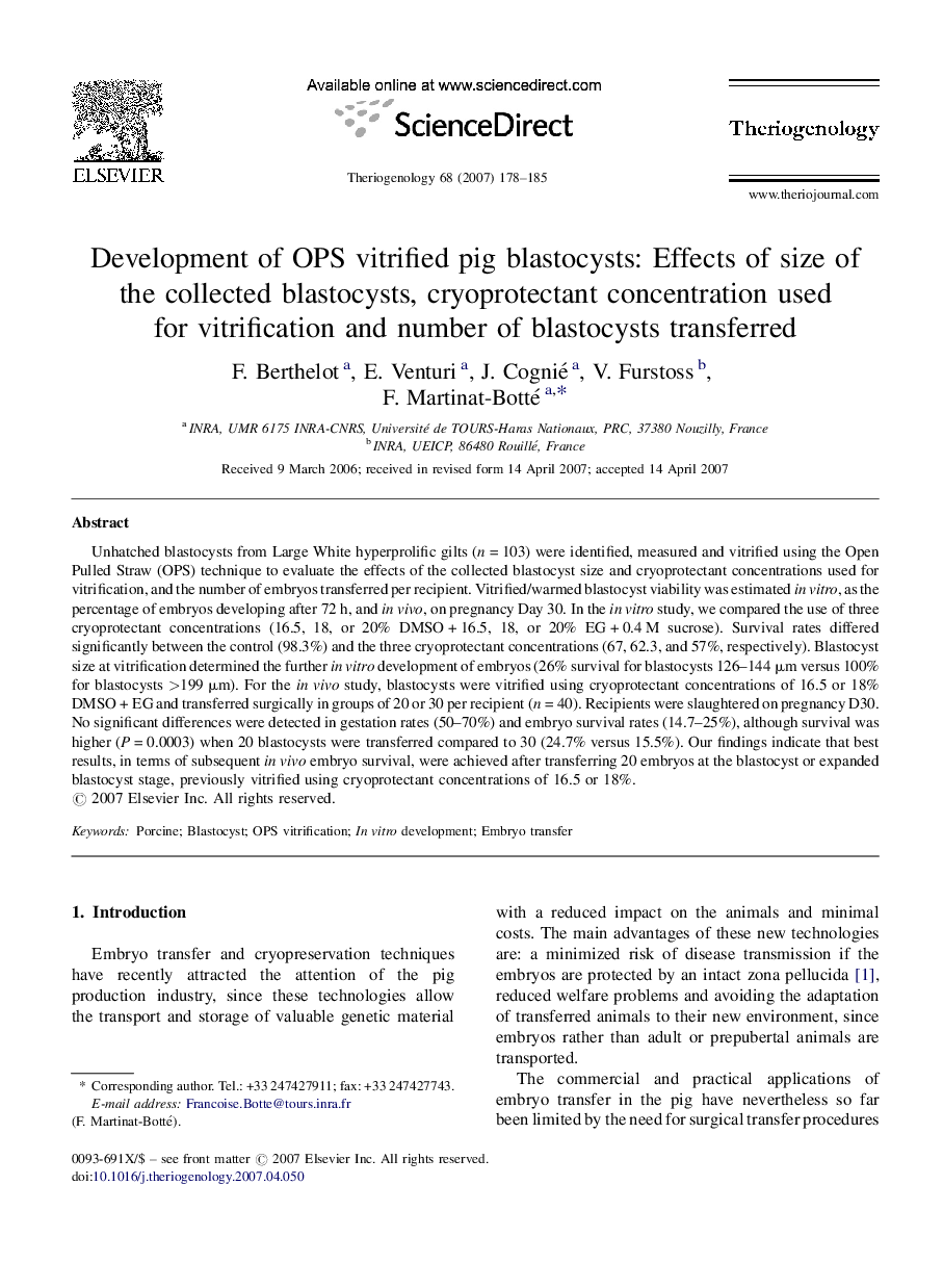 Development of OPS vitrified pig blastocysts: Effects of size of the collected blastocysts, cryoprotectant concentration used for vitrification and number of blastocysts transferred