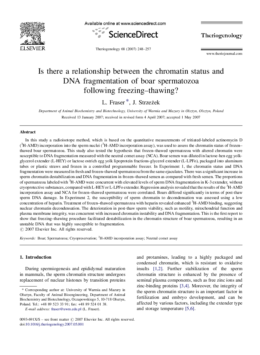 Is there a relationship between the chromatin status and DNA fragmentation of boar spermatozoa following freezing–thawing?