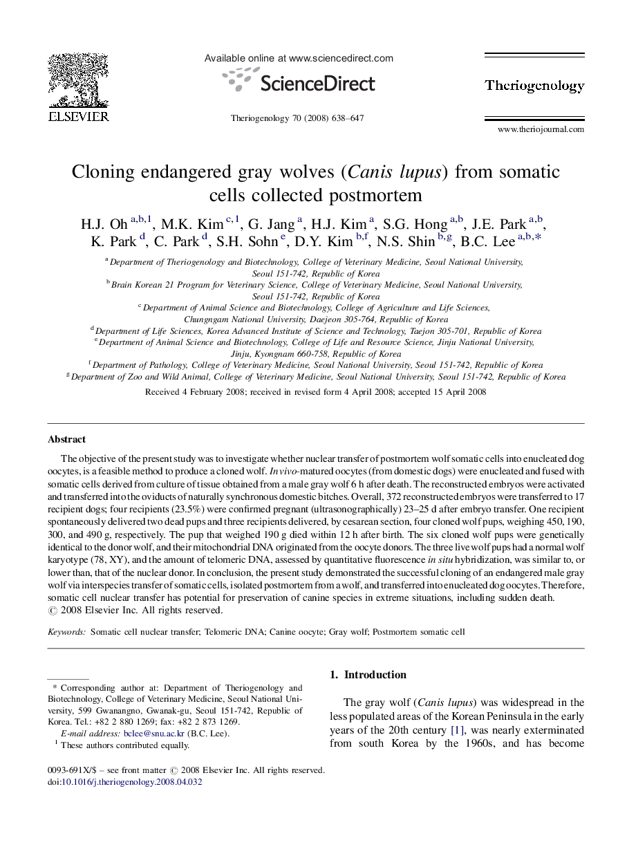 Cloning endangered gray wolves (Canis lupus) from somatic cells collected postmortem