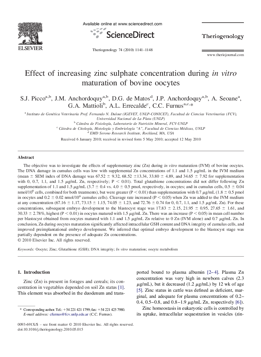 Effect of increasing zinc sulphate concentration during in vitro maturation of bovine oocytes