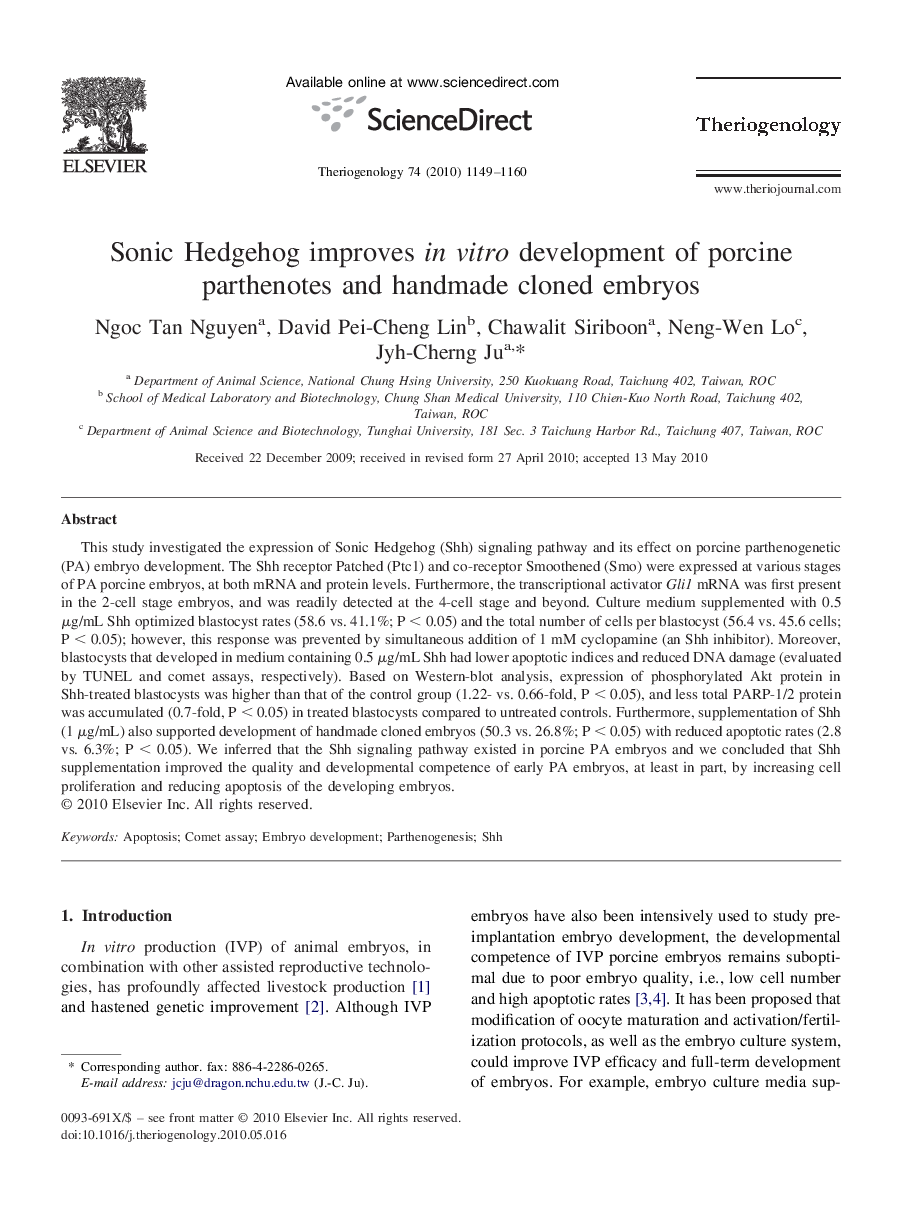 Sonic Hedgehog improves in vitro development of porcine parthenotes and handmade cloned embryos