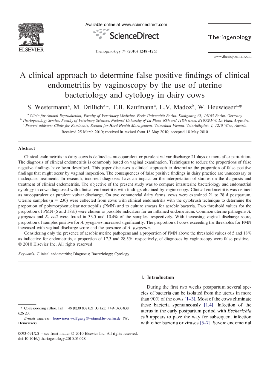 A clinical approach to determine false positive findings of clinical endometritis by vaginoscopy by the use of uterine bacteriology and cytology in dairy cows