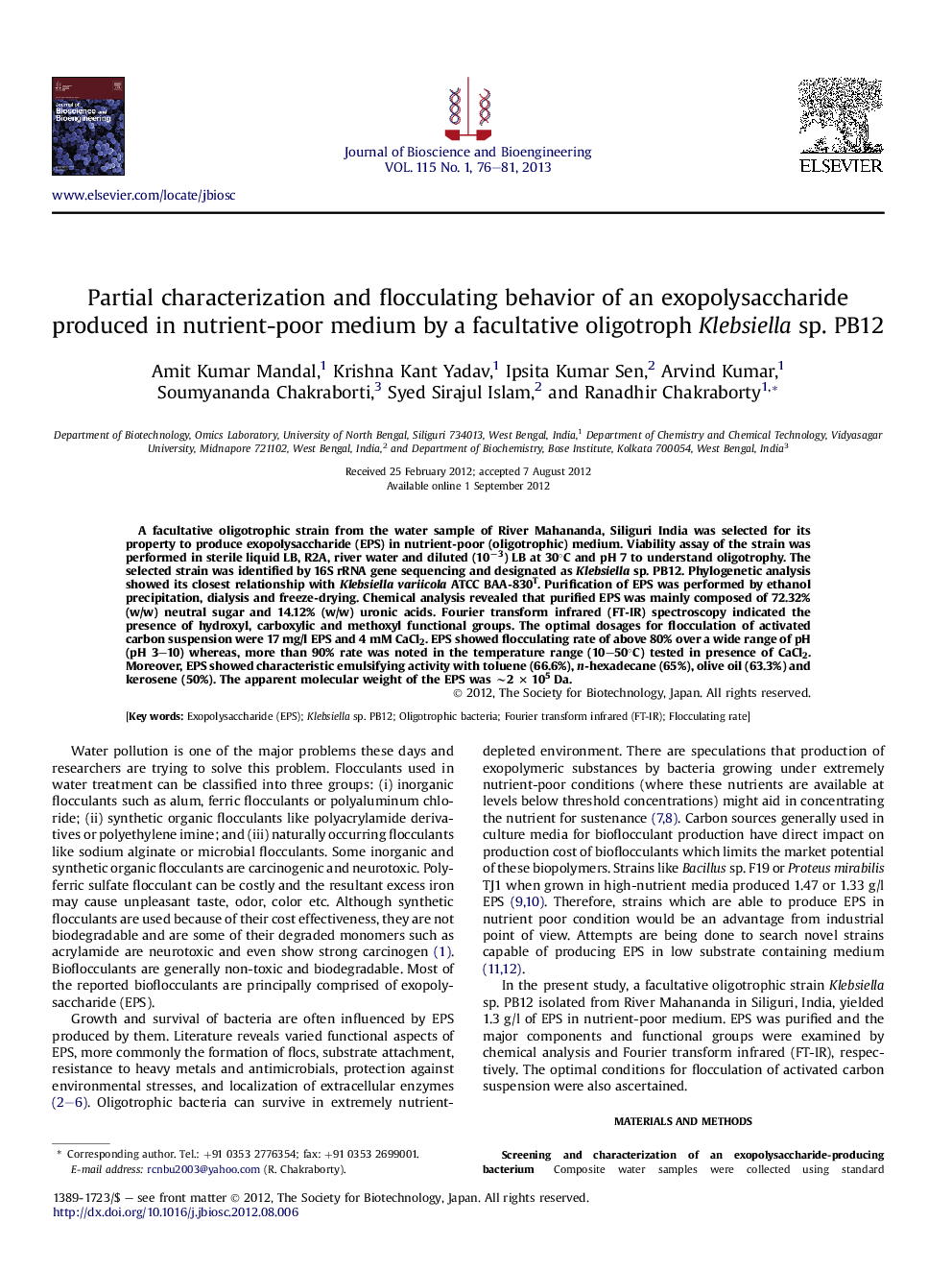 Partial characterization and flocculating behavior of an exopolysaccharide produced in nutrient-poor medium by a facultative oligotroph Klebsiella sp. PB12