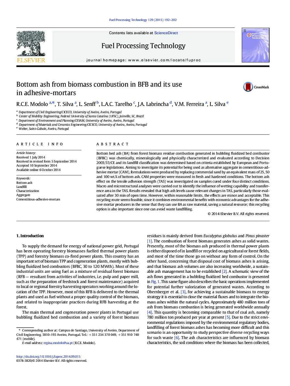 Bottom ash from biomass combustion in BFB and its use in adhesive-mortars