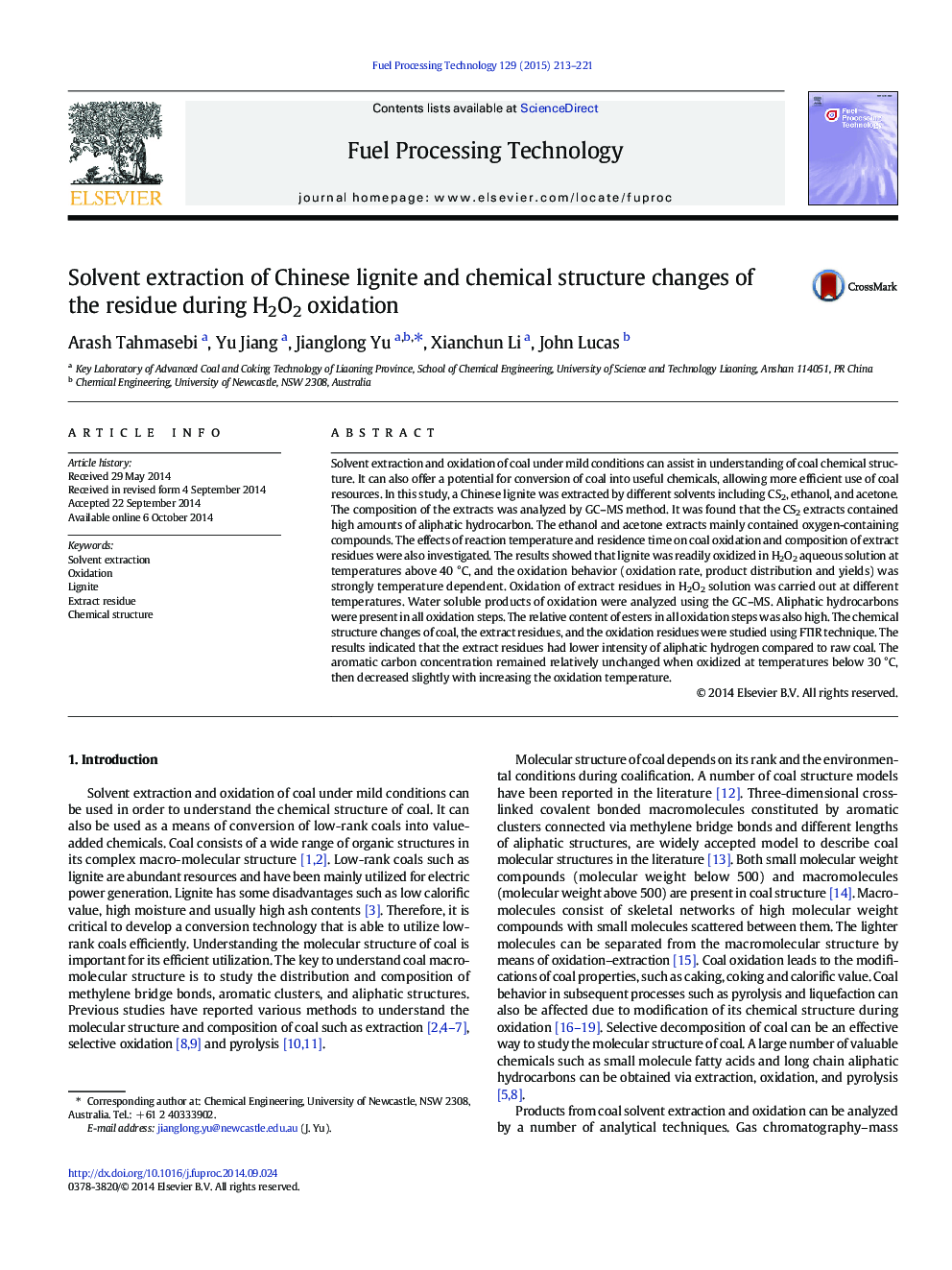 Solvent extraction of Chinese lignite and chemical structure changes of the residue during H2O2 oxidation