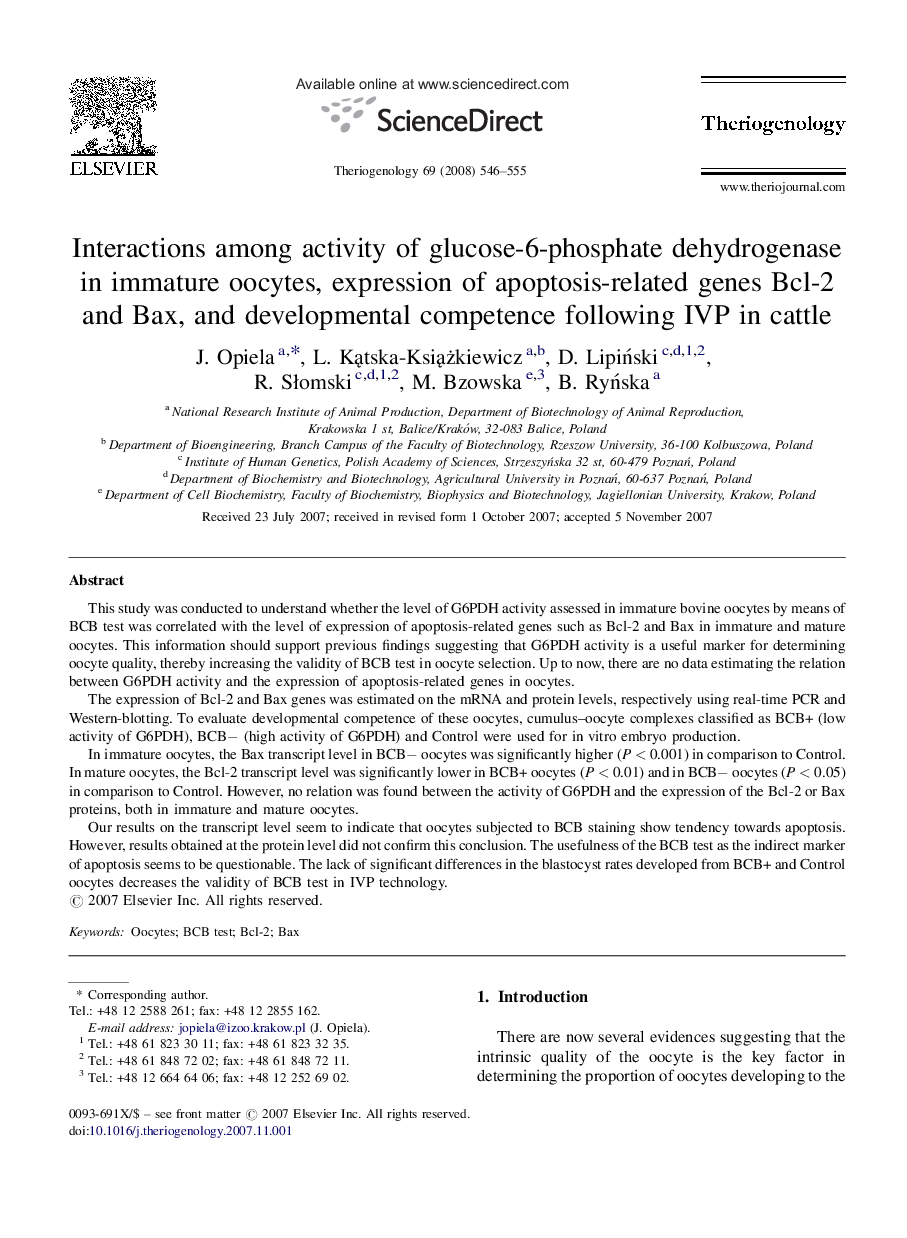 Interactions among activity of glucose-6-phosphate dehydrogenase in immature oocytes, expression of apoptosis-related genes Bcl-2 and Bax, and developmental competence following IVP in cattle