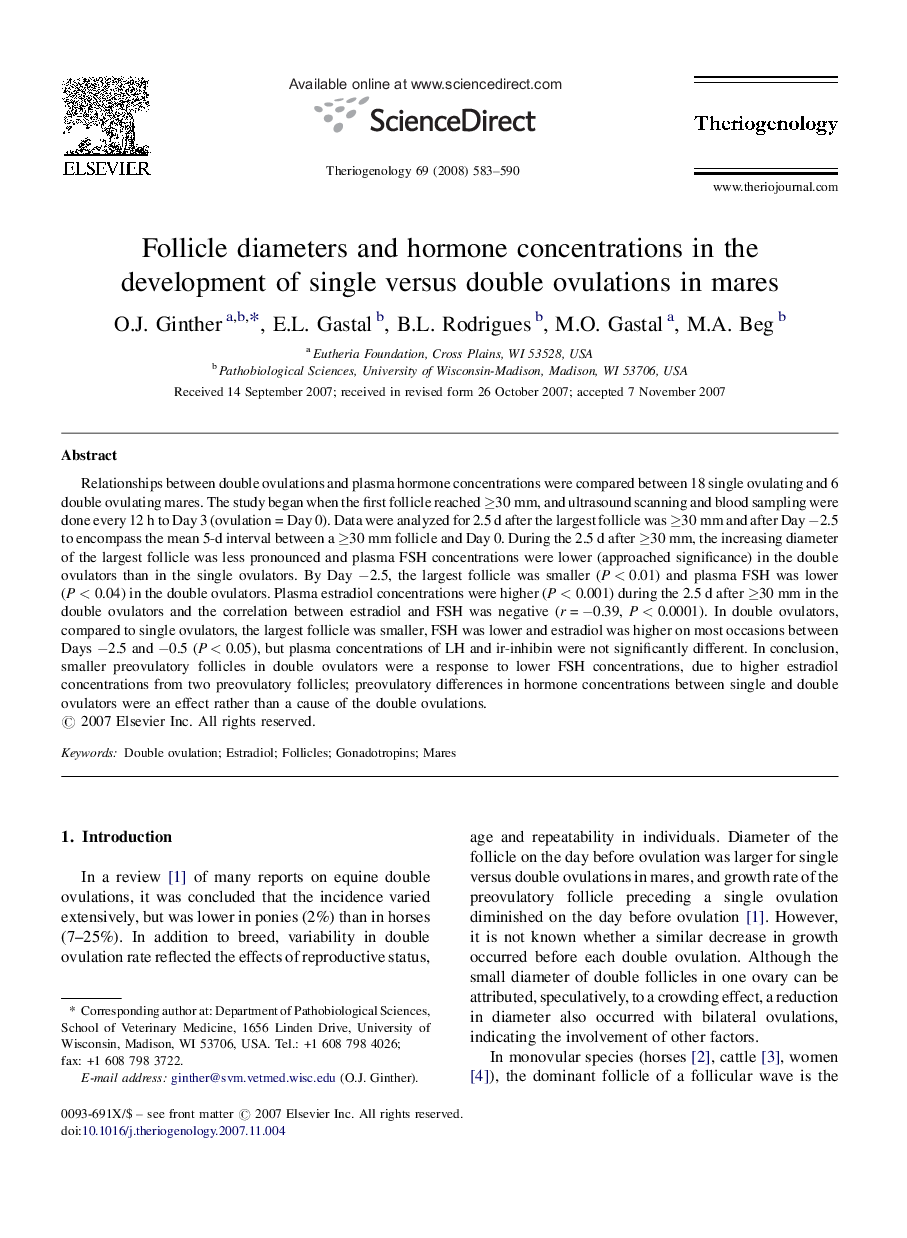 Follicle diameters and hormone concentrations in the development of single versus double ovulations in mares