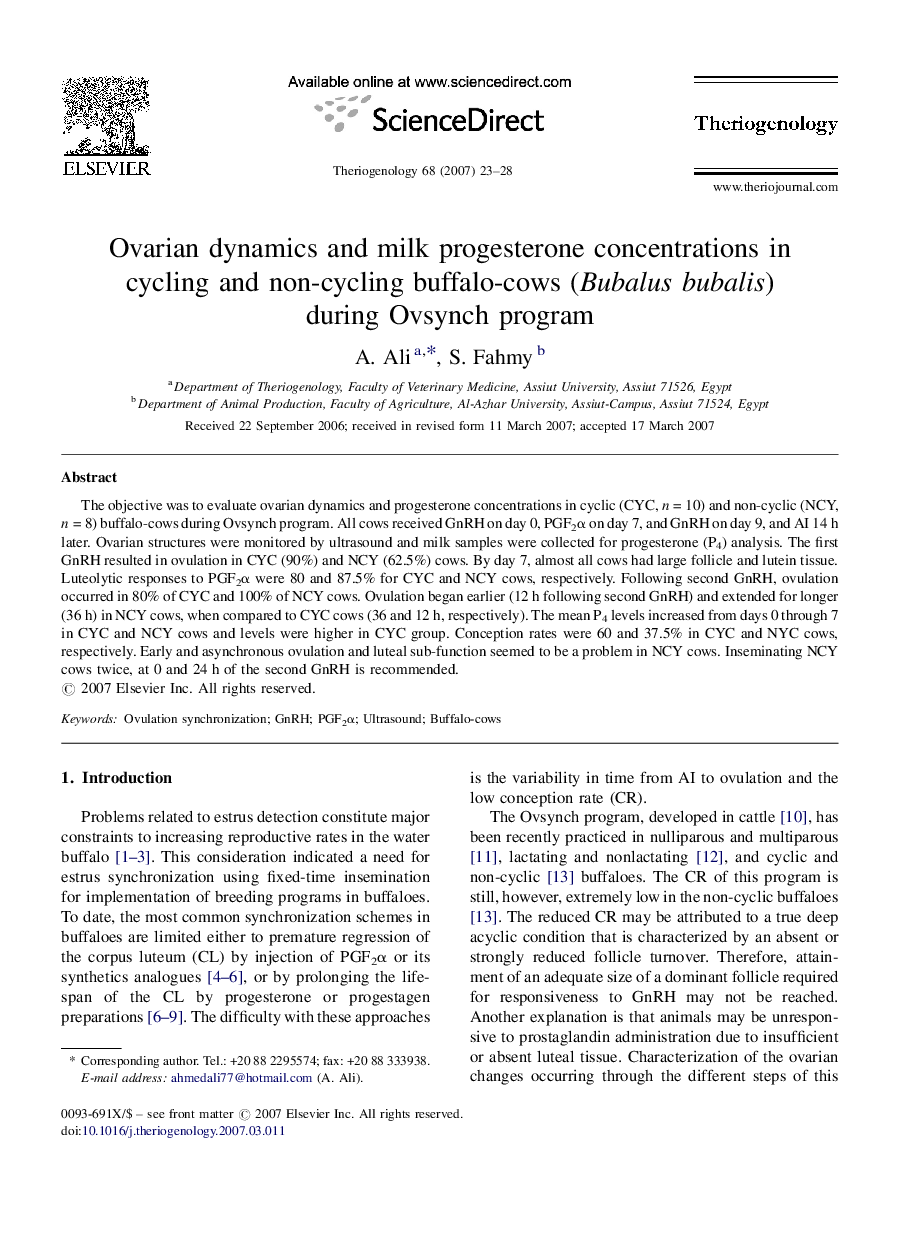 Ovarian dynamics and milk progesterone concentrations in cycling and non-cycling buffalo-cows (Bubalus bubalis) during Ovsynch program