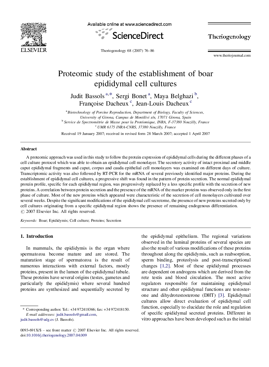 Proteomic study of the establishment of boar epididymal cell cultures