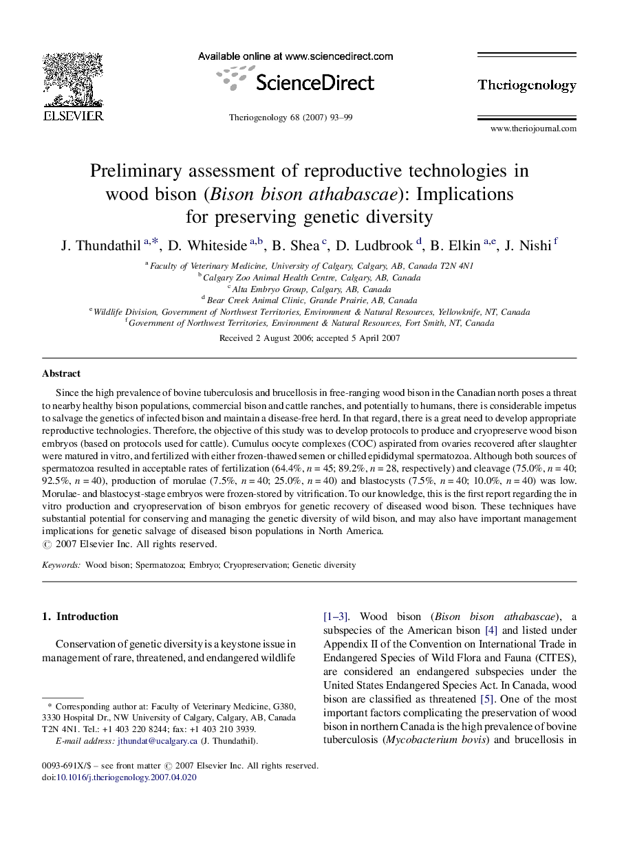 Preliminary assessment of reproductive technologies in wood bison (Bison bison athabascae): Implications for preserving genetic diversity