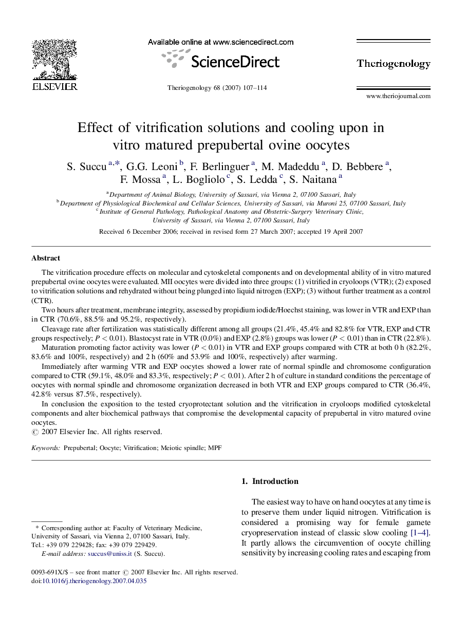 Effect of vitrification solutions and cooling upon in vitro matured prepubertal ovine oocytes