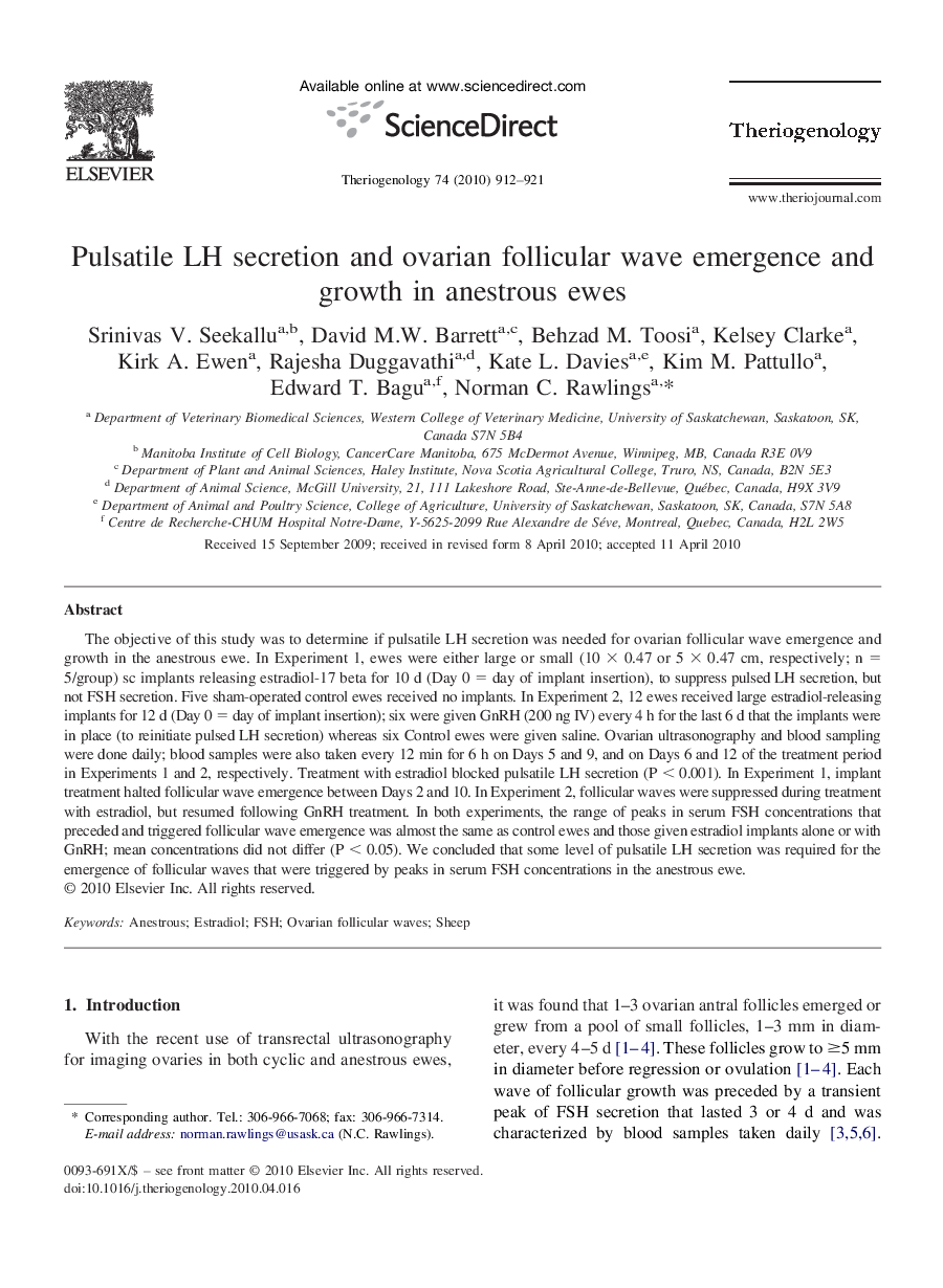 Pulsatile LH secretion and ovarian follicular wave emergence and growth in anestrous ewes