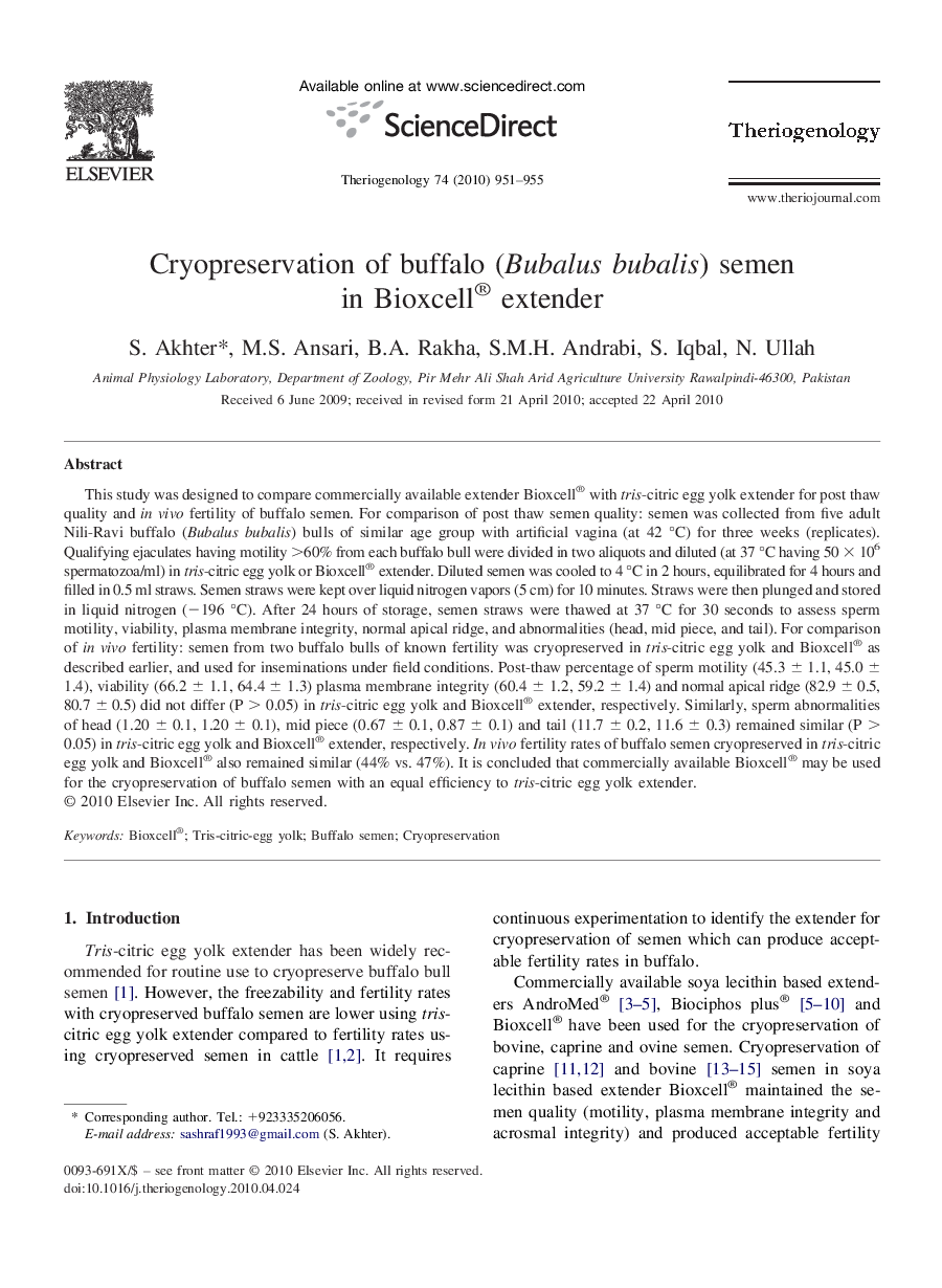 Cryopreservation of buffalo (Bubalus bubalis) semen in Bioxcell® extender