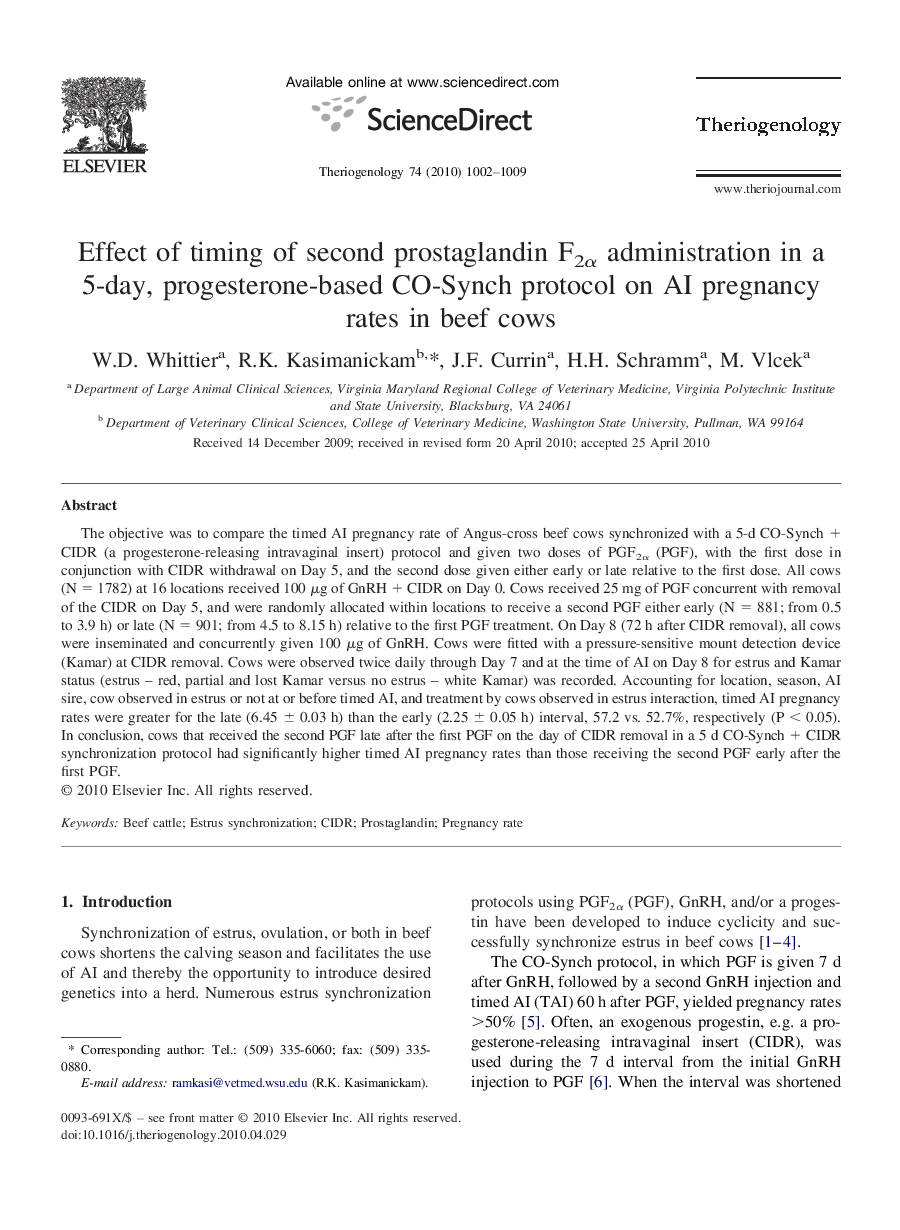 Effect of timing of second prostaglandin F2α administration in a 5-day, progesterone-based CO-Synch protocol on AI pregnancy rates in beef cows