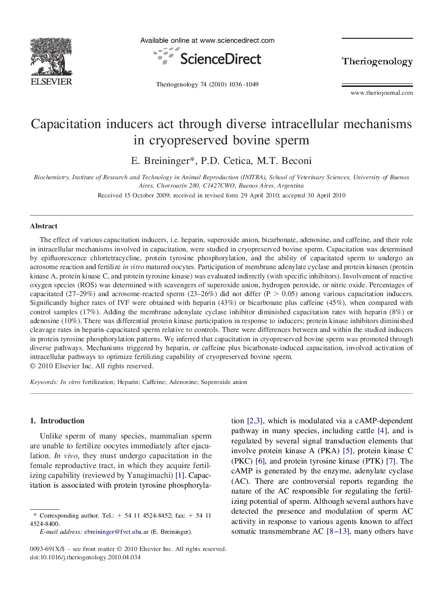 Capacitation inducers act through diverse intracellular mechanisms in cryopreserved bovine sperm