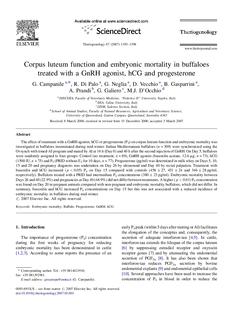 Corpus luteum function and embryonic mortality in buffaloes treated with a GnRH agonist, hCG and progesterone