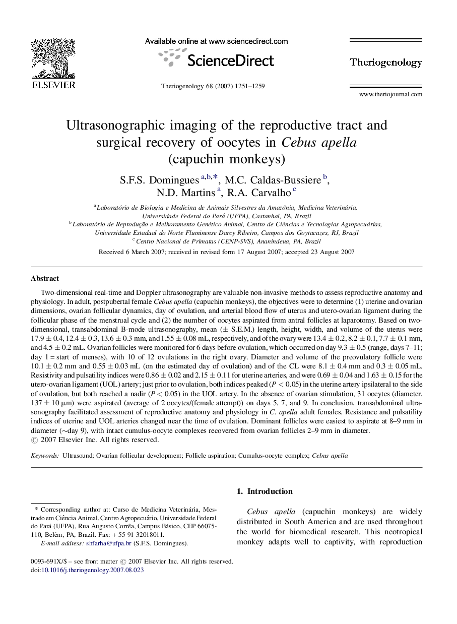 Ultrasonographic imaging of the reproductive tract and surgical recovery of oocytes in Cebus apella (capuchin monkeys)