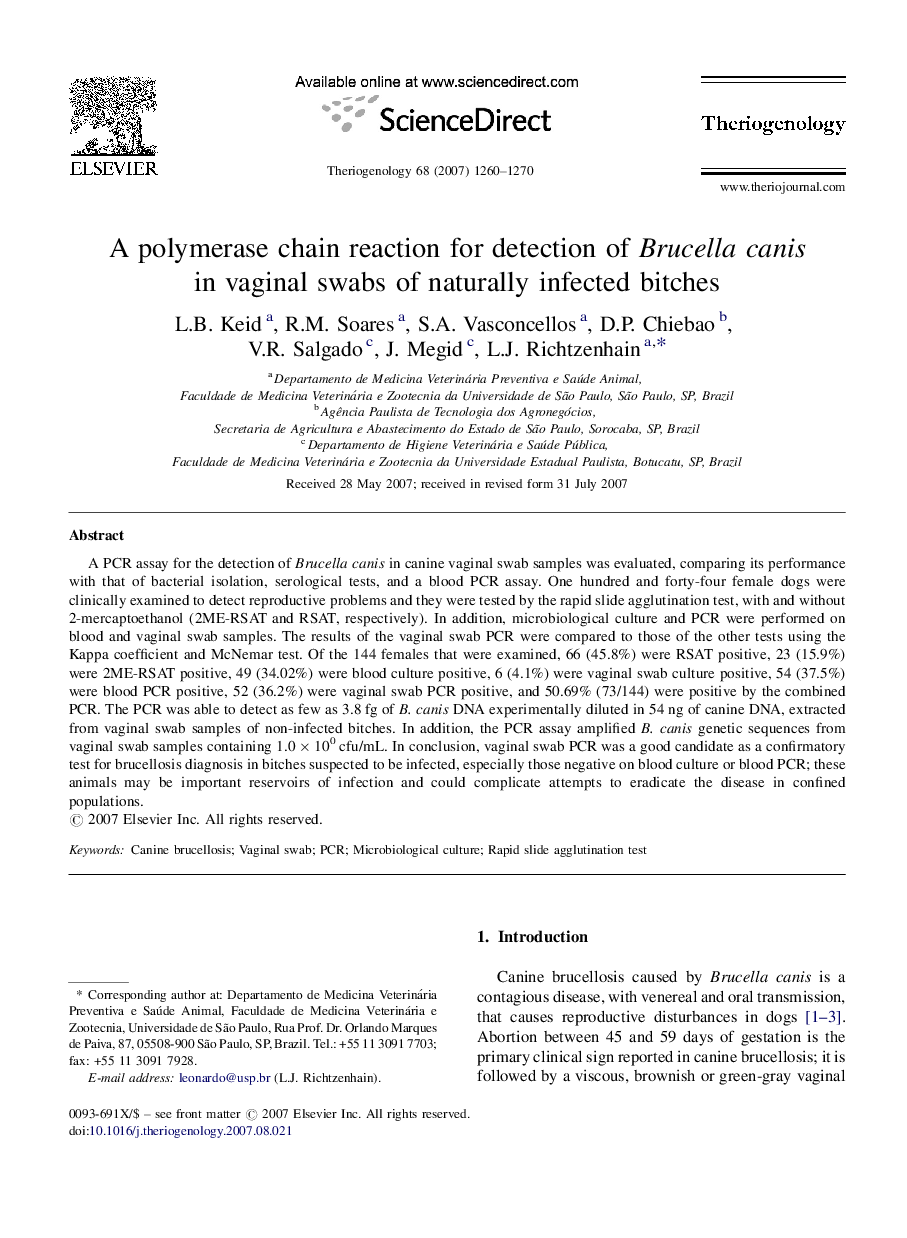 A polymerase chain reaction for detection of Brucella canis in vaginal swabs of naturally infected bitches