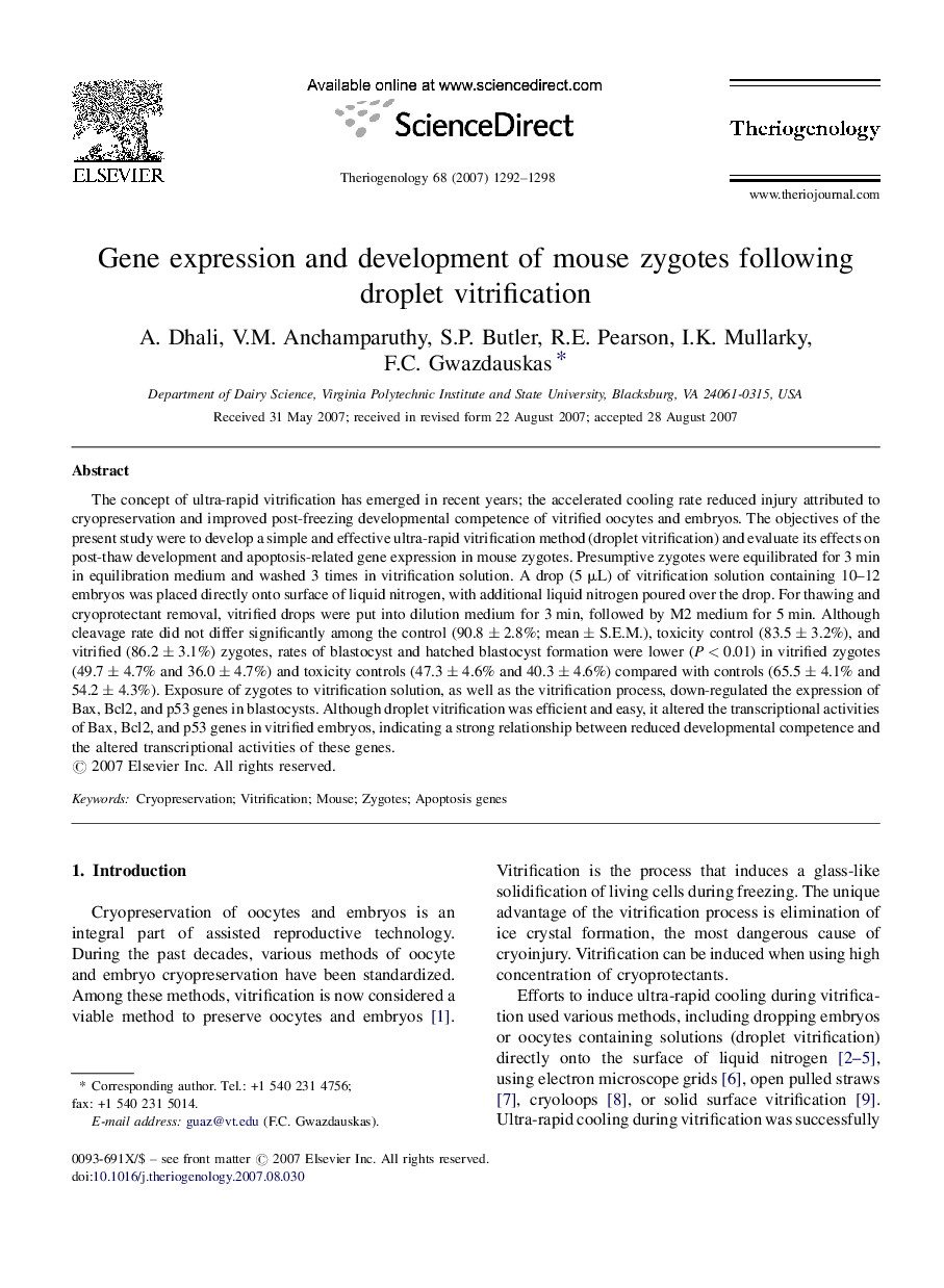 Gene expression and development of mouse zygotes following droplet vitrification