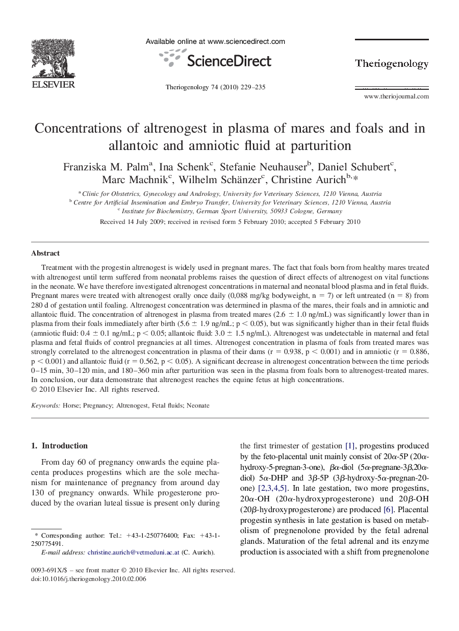 Concentrations of altrenogest in plasma of mares and foals and in allantoic and amniotic fluid at parturition