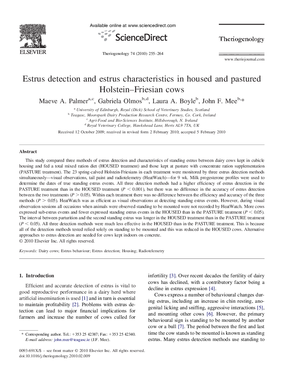 Estrus detection and estrus characteristics in housed and pastured Holstein–Friesian cows