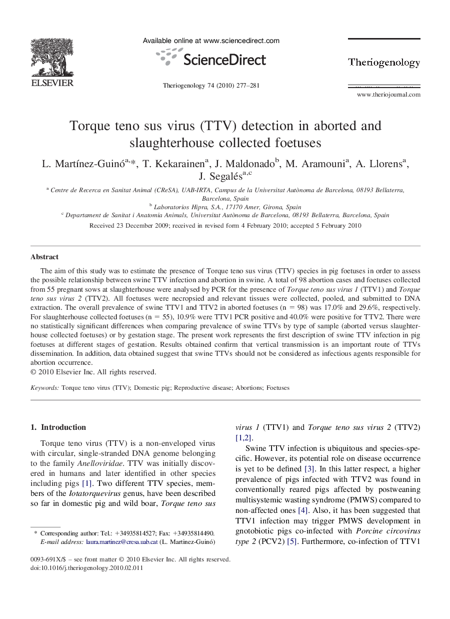 Torque teno sus virus (TTV) detection in aborted and slaughterhouse collected foetuses