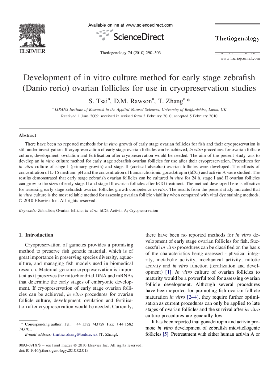 Development of in vitro culture method for early stage zebrafish (Danio rerio) ovarian follicles for use in cryopreservation studies