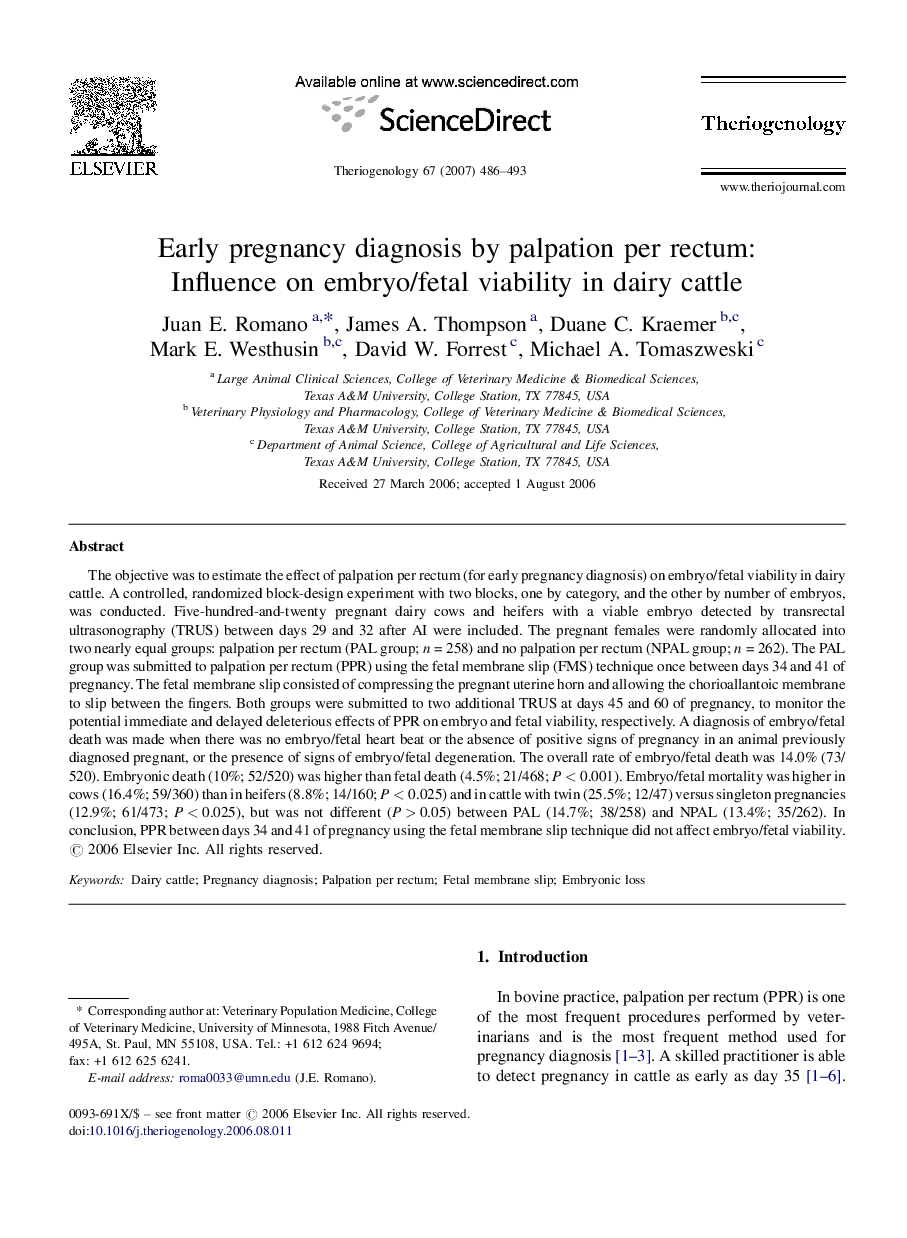 Early pregnancy diagnosis by palpation per rectum: Influence on embryo/fetal viability in dairy cattle