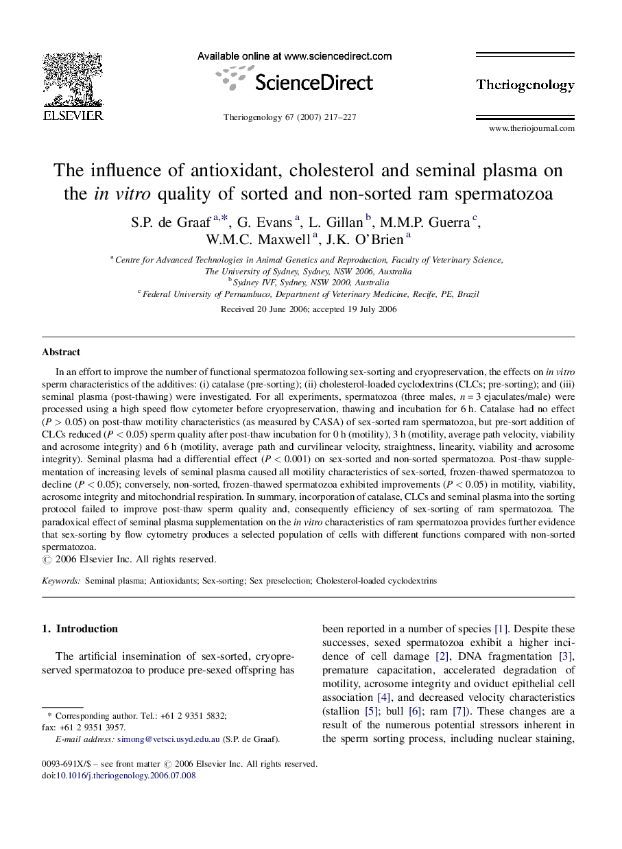 The influence of antioxidant, cholesterol and seminal plasma on the in vitro quality of sorted and non-sorted ram spermatozoa