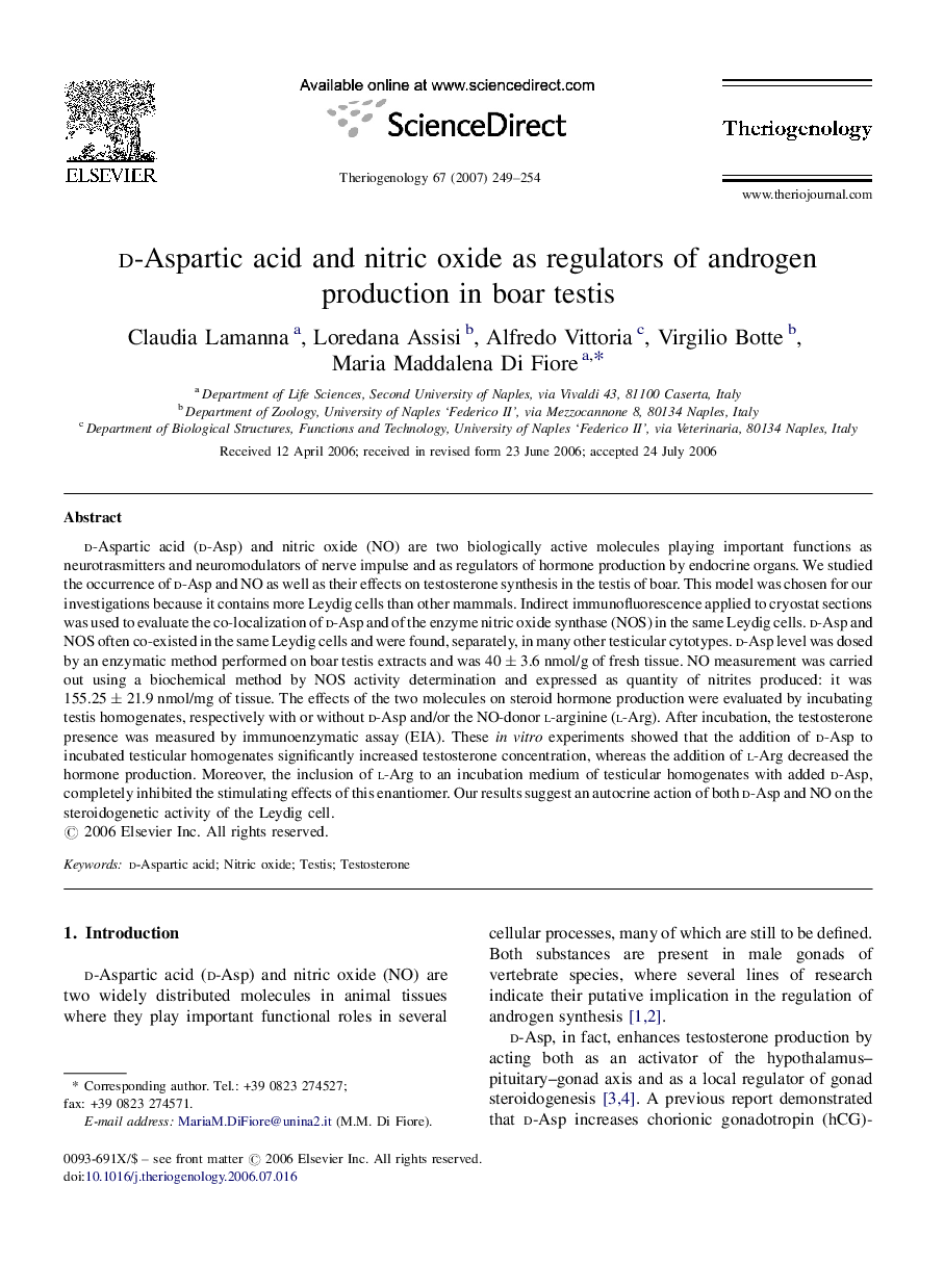d-Aspartic acid and nitric oxide as regulators of androgen production in boar testis
